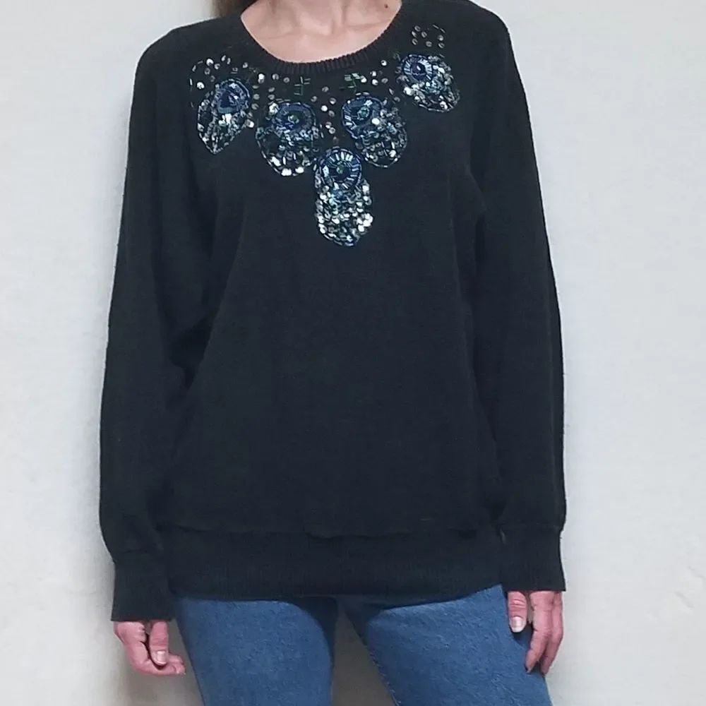 VINTAGE 80s Accent For You Sequin Black Sweater